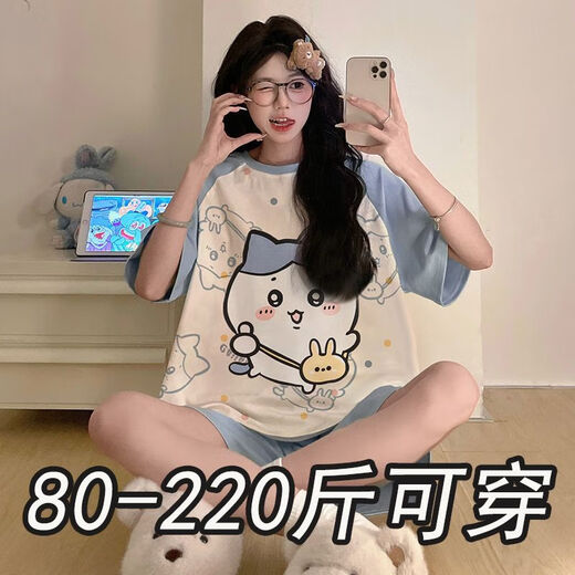 奢依君（SHEYIJUN）吉伊卡哇睡衣 夏天女夏季短袖短裤宽松大码学生卡通薄款家居服套 693黑笑脸【夏季】 M 【80-95斤穿】