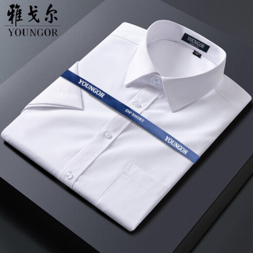雅戈尔男士短袖衬衫商务休闲职业正装棉免烫纯色白衬衣 DX6626 蓝格子 44