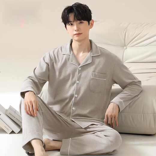 Yalu cotton pajamas men's spring and autumn long-sleeved cardigan home clothes can be worn on the outside in autumn and winter thin large-size two-piece set JX12213 L