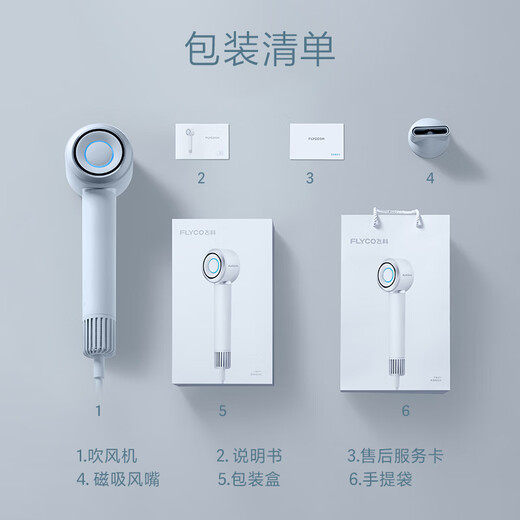 FLYCO high-speed hair dryer for home dormitory, portable noise reduction, hair care, strong wind, holiday birthday gift for girlfriend and wife, hair dryer with intelligent temperature control FH6371, exclusive flagship hair dryer 6371 gray, magnetic air nozzle + gift bag