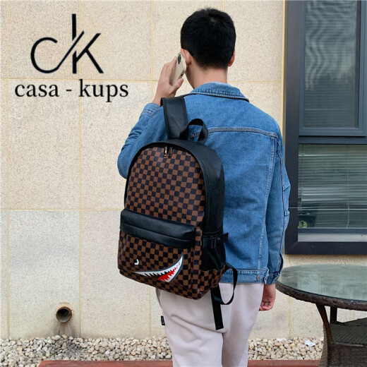 casa-kupsCK新款休闲男士双肩包潮酷鲨鱼旅行背包学生书包时尚格子电脑包手 黑色款二6625