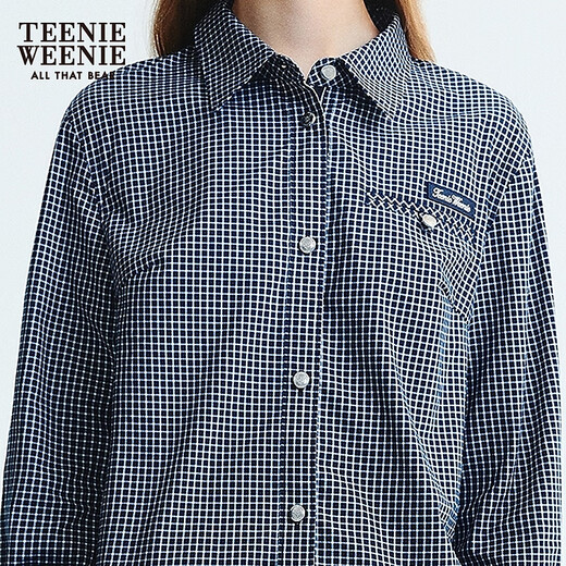 Teenie Weenie Bear Women's Clothing Shirt 2025 Autumn New Women's Temperament Commuter Short Plaid Shirt Navy Blue S