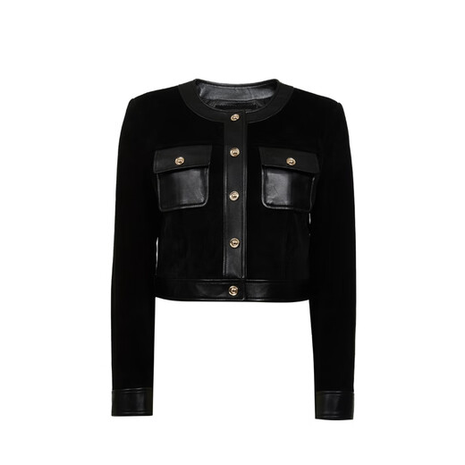 VEROMODA Leather Women's 2025 Autumn New Round Neck Leather Overlock Stitching Short Jacket New Year's Eve Black S