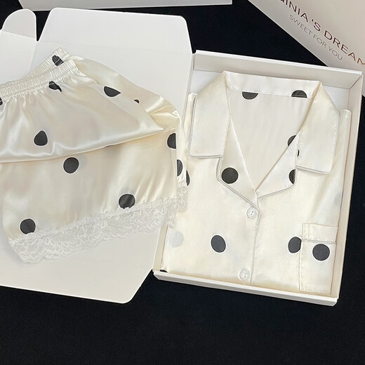 Langsha Pyjamas für Frauen im Sommer Ice Seide Cool Shorts Shorts Anzug süße Tupfen im Sommer Frühling und Herbst Frauenhauskleidung #YX-9214 m [75-98] Jin [Jin gleich 0,5 kg]