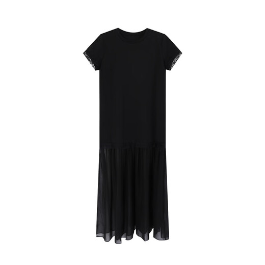 Innen und außerhalb 2025 Frühlingsfeindstil Spitzenspitze runden Nacken Design gefälschter zweiteiliger Pendelkleid für Frauen 13798 Schwarze Interpunktion s