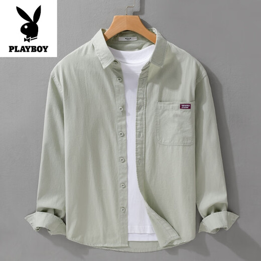 花花公子（PLAYBOY）高端品牌纯棉衬衫男士长袖夏季日系潮流寸衫免烫休闲衬衣外套男款 9902灰蓝 M