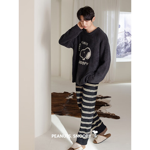 Benny Bear Beiyan Autumn and Winter Coral Velvet Couple Pajamas Women's Snoopy Warm Home Clothes Loose Men's Half Velvet Suit F60435 Women's L Size