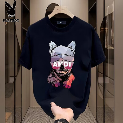 
Playboy (PLAYBOY) European and American trendy summer pure cotton short-sleeved T-shirt for men 2025 new T-shirt loose large size couple outfit men's half-sleeved V691 black S