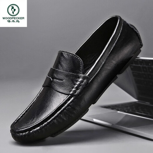 Specht echtes Leder -Herren -Slipper Sommer Mützenschuhe junge Leute lässige Lederschuhe mit einem Fuß und einen kleinen Lederschuhe trendy Schwarz - Hollow - 9901 38 Standard Lederschuhgröße