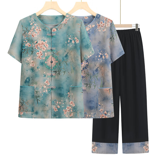 京功老年人衣服奶奶款70-80岁夏季短袖套装女妈妈衬衫两件 6626绿色(套装) 5XL [建议145-160斤]