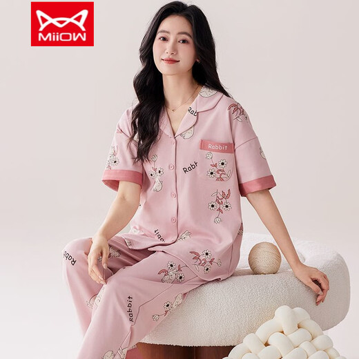 猫人（MiiOW）睡衣女士夏季纯棉短袖长裤家居服春夏天薄款开衫加大码 QNM-LMSJ-Q9929 M -【建议80斤-100斤】