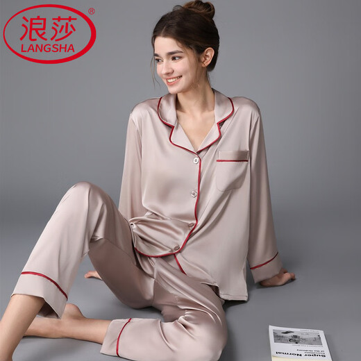 浪莎（LangSha）轻奢冰感女款睡衣冰长袖家居服女春秋款夏季新款真丝薄款 深豆沙粉3899 XL (体重115斤到125斤)