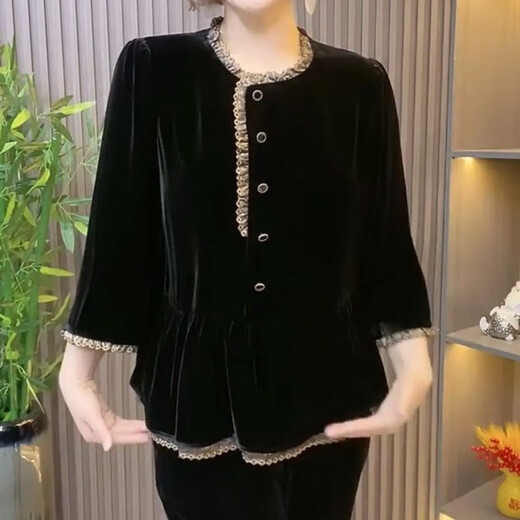 Xia Dian Suding Queen (SE.PSTP) 2026 Spring and Autumn New Mother's Wear Golden Velvet Long Sleeve Top Fashionable Age-Reducing Shirt Slimming Western Style Bottoming Shirt Women Black 3XL Recommended 120-135 Jin Jin is equal to about 0.5 kg