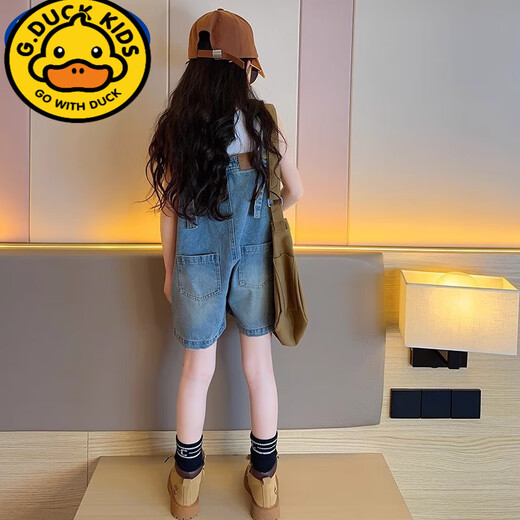 G.DUCKKIDS儿童牛仔背带裤2025新款夏装小女孩儿童休闲短裤百搭薄款套装 白色字母背心 150 建议身高145cm左右