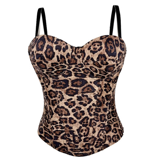 Shiyusen European and American golden brown leopard print suede short vest suspender can be worn outside and can be worn elastically gathered fishbone plastic brown 34B/75 one size fits all