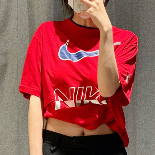 耐克（NIKE）短袖T恤女装2025夏季新款运动服针织透气圆领休闲上衣半袖 纯棉HF6291-687红色 L