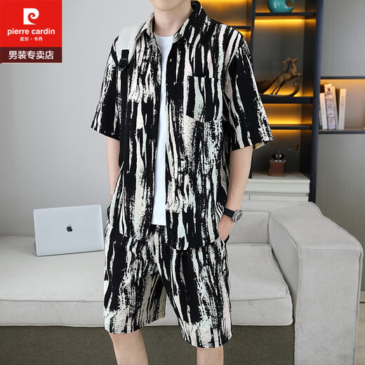 皮尔卡丹（pierre cardin）痞帅衬衣一套男夏季冰丝套装高级感花衬衫短袖短裤沙滩两件套搭配 679白色套装 L 110-125斤
