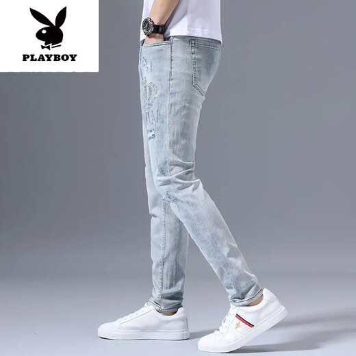 
Playboy (PLAYBOY) summer stretch jeans men's ripped embroidery trendy slim-fitting small feet light color versatile long pants new product light blue 3890 crown ripped pants 31 [Suggested 125-135Jin [Jin equals 0.5 kg]]
