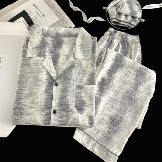 UKUHPK Pyjama Herren Frühlings- und Herbst-Cloud-Baumwoll-Langarmdünnstil 2025 Jugend Einfacher großer Sommerset 12401 [Modell Cloud Cotton] L [100-130jin [Jin entspricht 0,5 kg]]