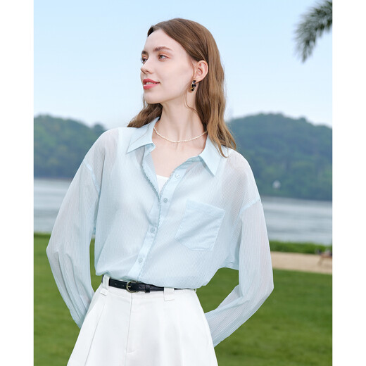 
Baitu betu women's clothing 2025 summer new shirt texture micro texture striped shirt thin coat for women 2507T31 light blue M