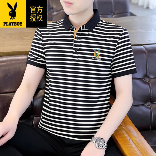 Playboy (PLAYBOY) men's striped short-sleeved T-shirt summer thin pure cotton polo shirt casual fashion half-sleeved lapel T-shirt smooth 6626 Khaki M 90Jin Jin equals about 0.5 kg