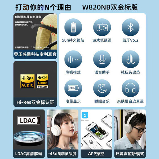Walker (EDIFIER) W820NB dual gold standard version, head-mounted active noise cancellation Bluetooth headset, mobile phone computer laptop headset, Liu Yaqing, Chinese Valentine's Day gift