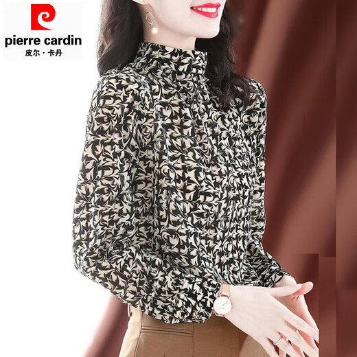 Pierre Cardin Spring 2025 New Spring Autumn Bottoming Top Shirt Chiffon Women's Shirt Spring and Autumn Floral High Neck Color Counter Western Style 3XL