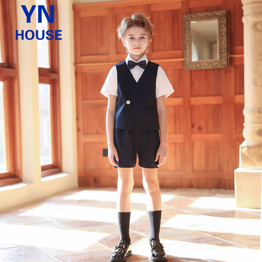 Yinuofang Kinderanzug Sommer Marine Blue Blumenjungenanzug Junge Klavier Performance Gastgeber Blumenjungen Kleid Anzug