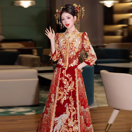 枝己秀禾服婚纱新娘主纱高档2025新款订婚服装新中式结婚礼服敬酒服 HF063 S
