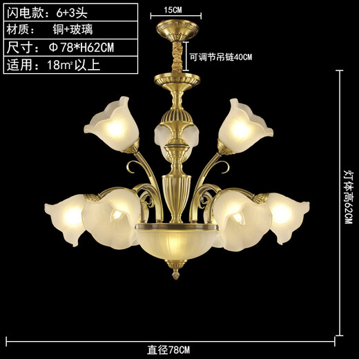 奥灯美式乡村全铜吊灯田园客厅灯温馨花朵卧室餐厅欧式吊灯具9227 闪电款6+3头铜灯