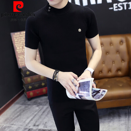皮尔卡丹（pierre cardin）男士针织半袖T恤春秋季半高领男装打底衫2025新款帅气男装上衣服 9902黑色 M