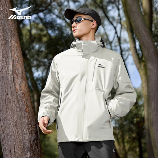 Mizuno Outdoor Jacket Men's Spring and Autumn Hooded Jacket Windproof and Waterproof Three-in-One Couple Mountaineering Suit Light Khaki XL