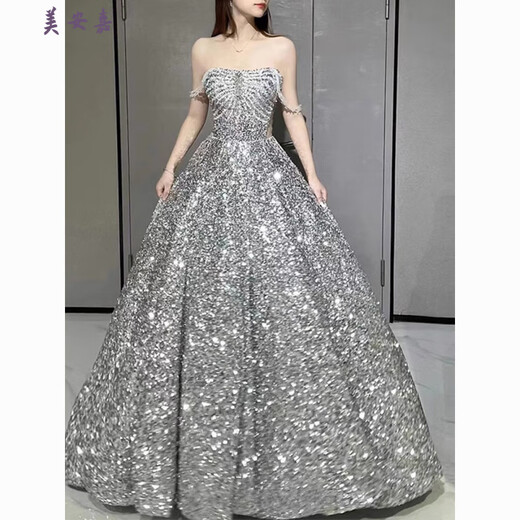 Mei Anjia starry sky sequined evening dress with light luxury temperament annual meeting host engagement wedding dress toasting dress bride silver sequin style XL