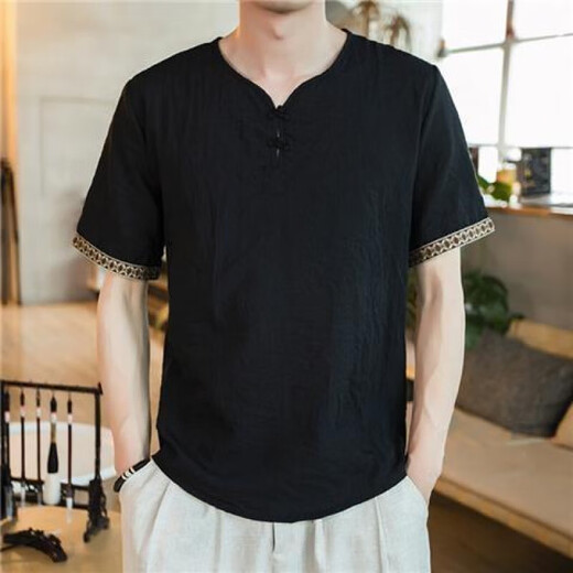 Zoscheter Chinesischer Stil Herren im chinesischen Stil von Herren T-Shirt Herren Kurzärärmelte lose, große, dünne, lässige Schnalle Retro-Baumwollwäsche auf 686 Sky Blue L 115jin [Jin ist 0,5 kg]