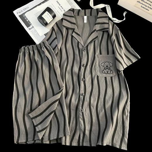 Pajamas para hombres Cardigan de alta gama delgada jóvenes de manga corta pijama de verano casual y ropa casera de alta gama 12529 L (recomendado 100-130 Jin [Jin equivale a 0.5 kg])