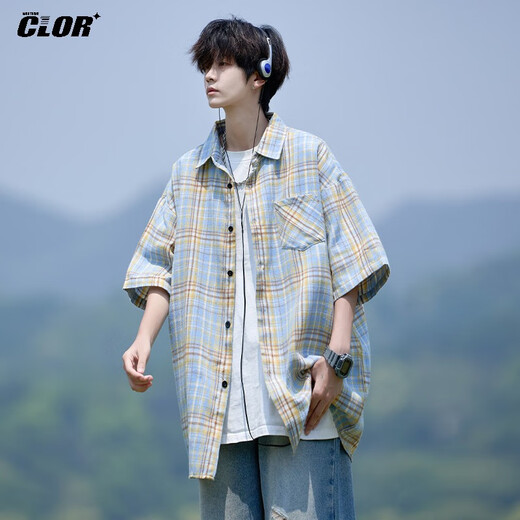 CLOR plaid short-sleeved shirt men's summer ins loose casual shirt American retro jacket CLCX10 yellow XL