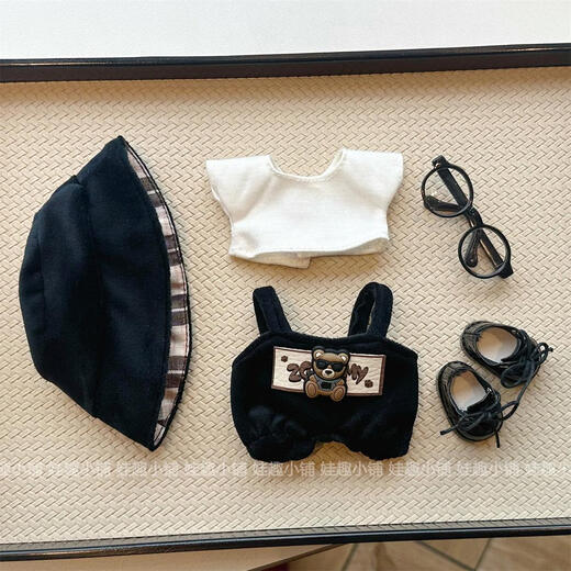 Spot 17cm first-generation second-generation universal rabu doll clothes labubu pendant dolls replacement doll clothes sunglasses bear suit + black frame mirror + black lace shoes First-generation rabubu
