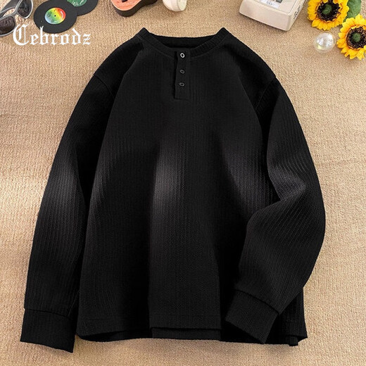 Cebrodz France long-sleeved t-shirt men's 2025 new boys casual loose textured bottoming shirt Henry collar versatile sweatshirt black L