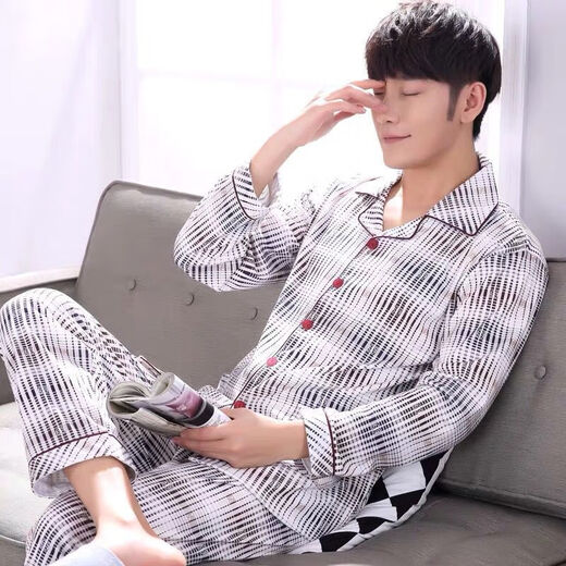 
SEPTWOLVES pure cotton pajamas men's long-sleeved spring and autumn style Korean style plaid casual large-size spring and summer men's home clothing set 844 M