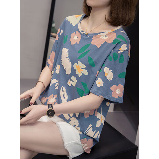 锡曼尘女士短袖高档女时尚一点夏装新款t恤女韩版显瘦百搭休闲遮肚子上 9902蓝色 M 【80-95左右