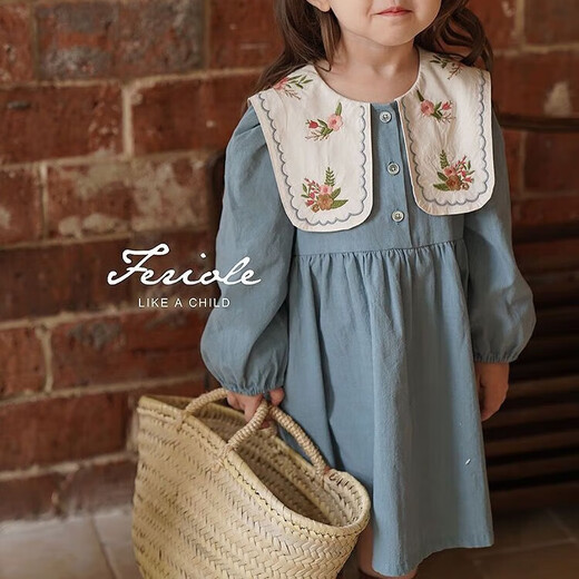 Girls embroidered large lapel embroidered sweet forest princess dress Korean version spring and autumn new fashion fashionable dress blue 90