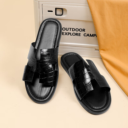 Walker Shop Slippers Men's 2025 Summer Nuevo cuero genuino al aire libre Flops sin deslizamiento sandalias de hombres al aire libre y modernas negras 38 (tamaño de zapato de cuero)