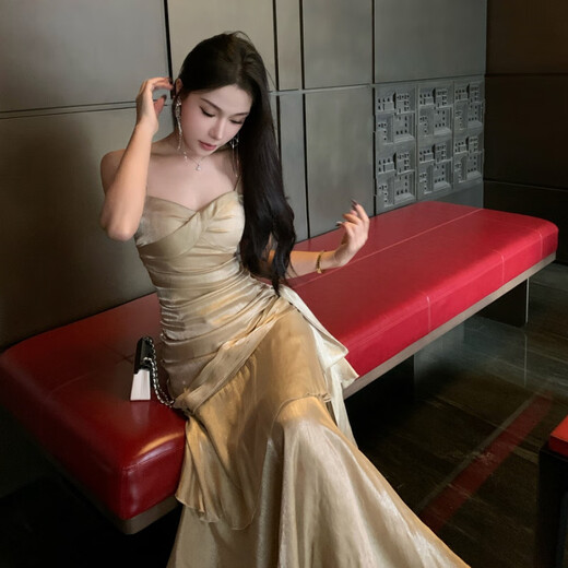 YIOU 2025 Mermaid Ruffle Temperament Adult Ceremony Suspender Dress Birthday Cocktail Dress Long Skirt 7065 Khaki S