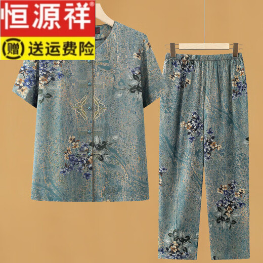 恒源祥中老年人夏装套装女奶奶纯棉绸短袖衬衫老太太宽松妈妈绵绸两件套 687#绿色【套装】 XL 【建议80-100斤】