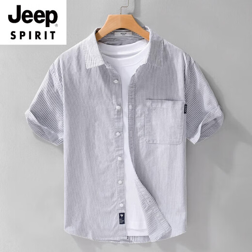 JEEP SPIRIT男士纯棉短袖衬衫日系休闲夏季薄款条纹衬衣新款潮流拼接上衣 9740浅蓝色 XL