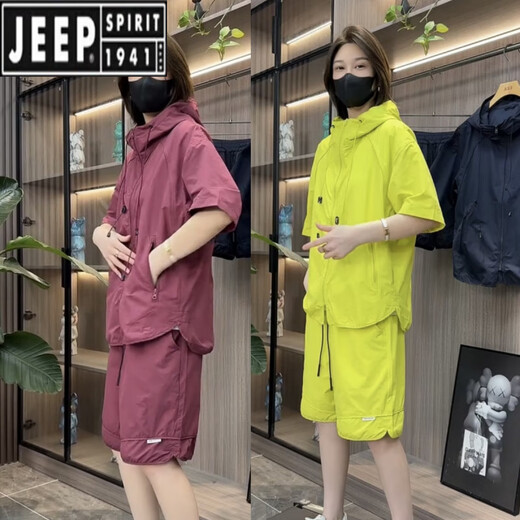 JEEP SPIRIT夏季运动套装男女同款休闲个性拉链宽松连帽短袖工装短裤短袖两件 黑色【套装2件】 M