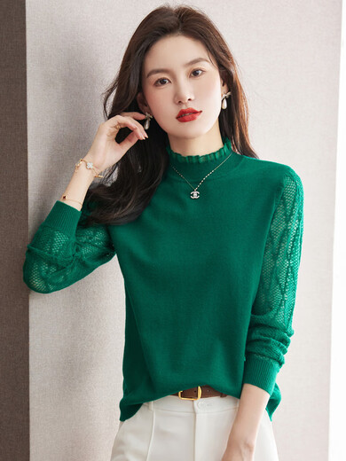 QIAFAN half turtleneck lace sweater for women Autumn and Winter 2025 new thin black top underwear middle collar base shirt Spring and Autumn Black M 95-110Jin [Jin equals 0.5 kg]