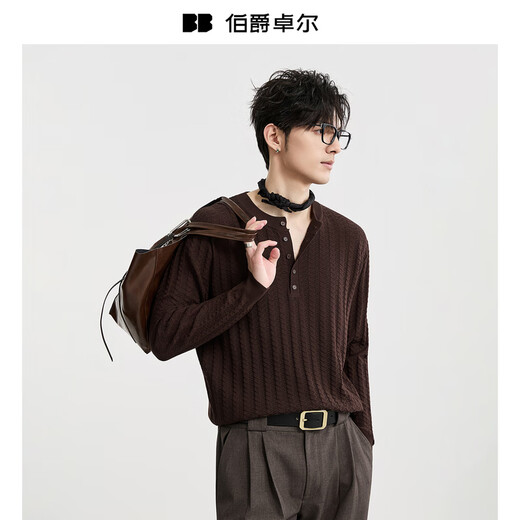 Earl Zall Henry Collar Jacquard Texture Long Sleeve T-Shirt Men's 2025 Autumn New Bottoming Shirt T532472 White Apricot L (175)