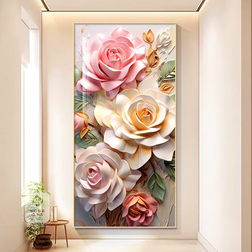 大芬村油画入户玄关挂画奶油风2024新款装饰画花开富贵牡丹花壁画 A-锦上添花-X12129 40*80cm0.6米左右墙面铝合金框