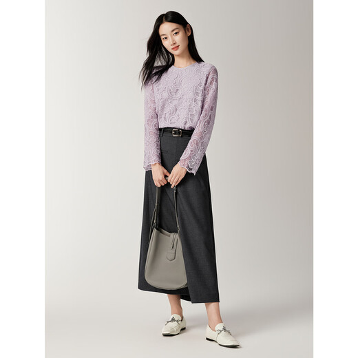 JUZUI French elegant quiet luxury style lace sequin top for women 2025 autumn new style JTFQ80103 light purple L